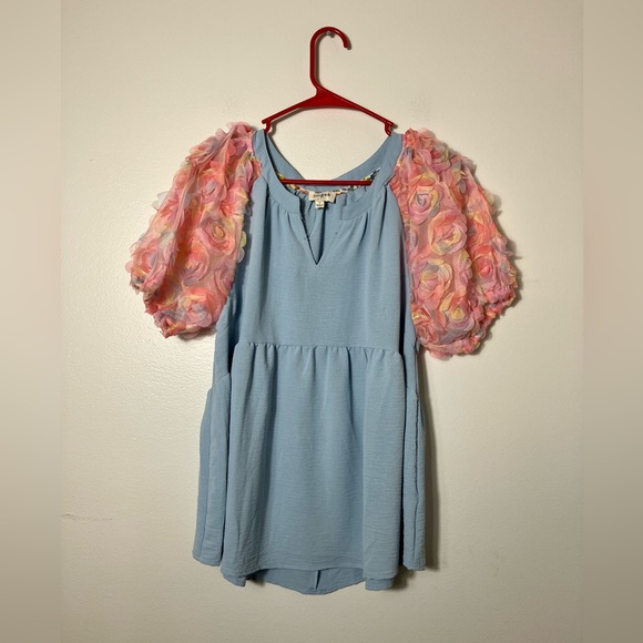 Umgee Tops - Umgee Blouse Puff Sleeve Floral Sz Small Boho Peasent Baby Blue/pink